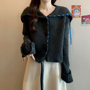 海军领绑带粉色毛衣外套春秋季新款设计宽松慵懒针织开衫短款上衣