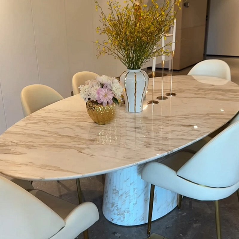轻奢天然大理石餐桌大花白爵士白大理石宝格丽大理石椭圆餐桌圆桌