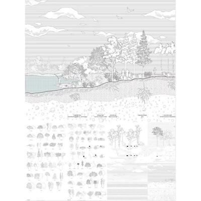 原创线稿风建筑景观矢量植物人物天空背景轴测图全套ai素材