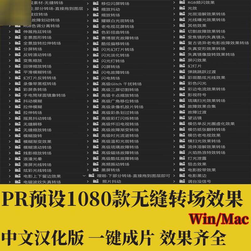 PR预设1080款中文汉化版无缝转场齐全视频特效含音效插件素材