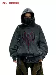 PERSONSOUL* Totem 3D Embroidery Washed Distressed Heavy-weight Gray Hoodie