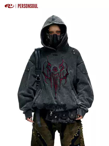 PERSONSOUL* Totem 3D Embroidery Washed Distressed Heavy-weight Gray Hoodie
