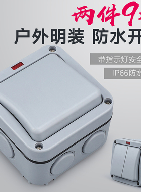ip66户外明装防雨防水开关室外花园户内浴室工地单开双控带指示灯