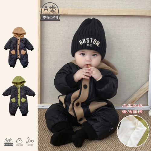 婴儿冬款加绒保暖连身衣外出服