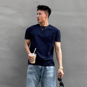 显肌肉健身复古半袖 纯色小短袖 重磅正肩t恤男夏季 溜淘藏青色美式