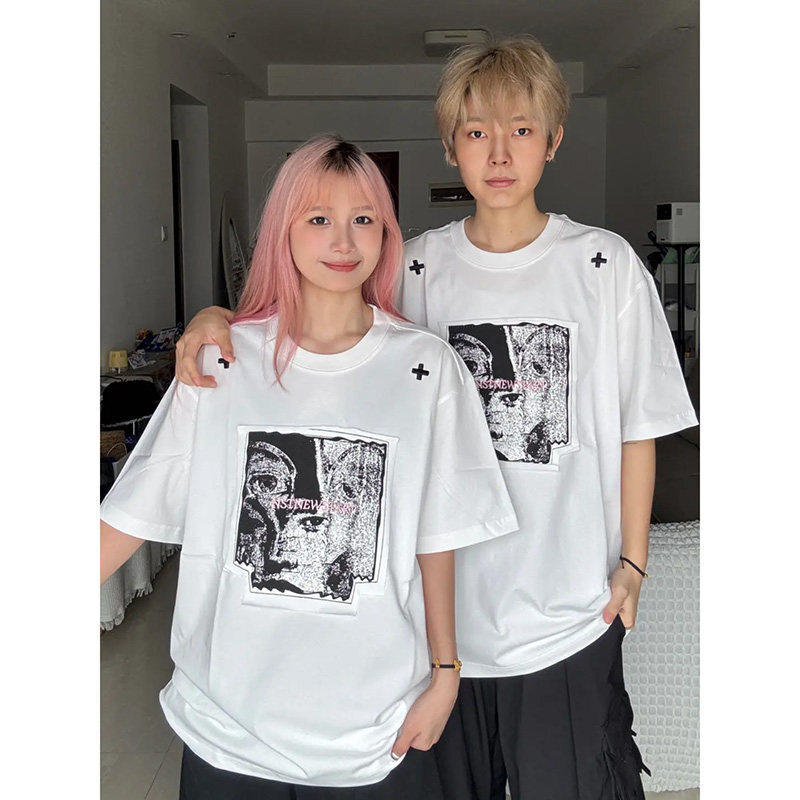 白色重工贴布刺绣t恤男夏季潮牌欧美街头正肩半袖情侣款重磅短袖
