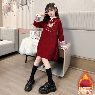 冬套装 女童红色连衣裙秋冬新年女大童拜年服过年喜庆衣服2023新款