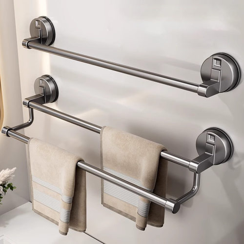 吸盘式太空铝毛巾架卫生间置物架免打孔厨房浴室晾毛巾挂杆厕所