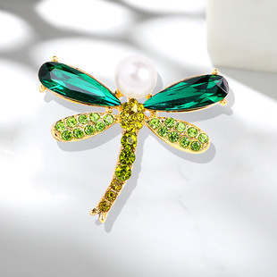 欧美新潮绿色蜻蜓胸花胸针高档合金滴油镶钻昆虫胸针珍珠水晶