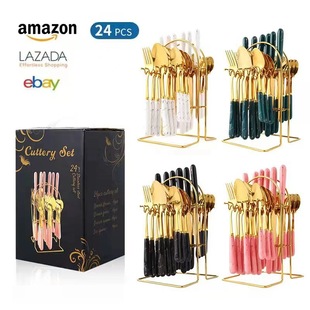 跨境24件套不锈钢餐具刀叉勺北欧风大理石问酒店牛排刀收纳架