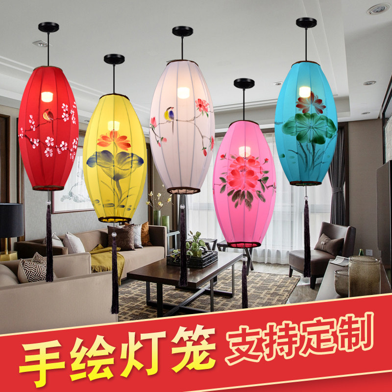 新中式布艺灯笼火锅饭店婚礼户外景街区中国风仿古手绘橄榄花吊灯