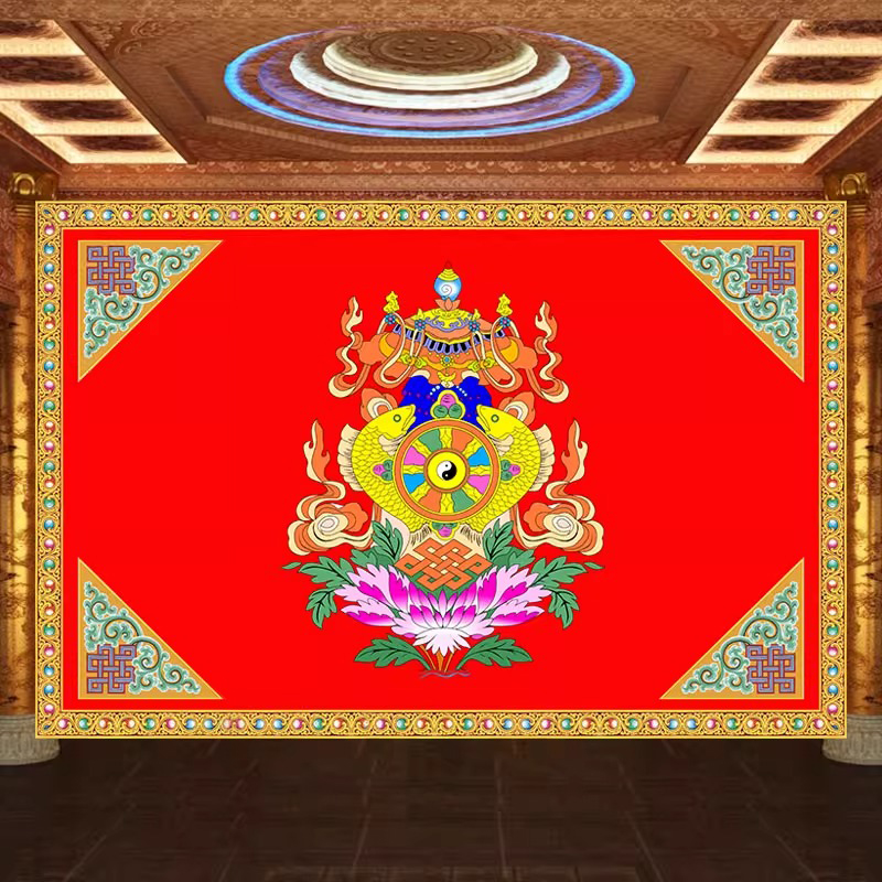 藏式八吉祥布艺挂画客栈民宿墙壁吉祥八宝无框装饰画壁画挂布图片