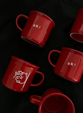 新年圣诞正红色万事都ok小狗陶瓷马克杯270ml早餐杯咖啡杯伴手礼