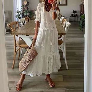 Floral Maxi Cotton Dress Women 2022 Summer休闲甜美V领连衣裙