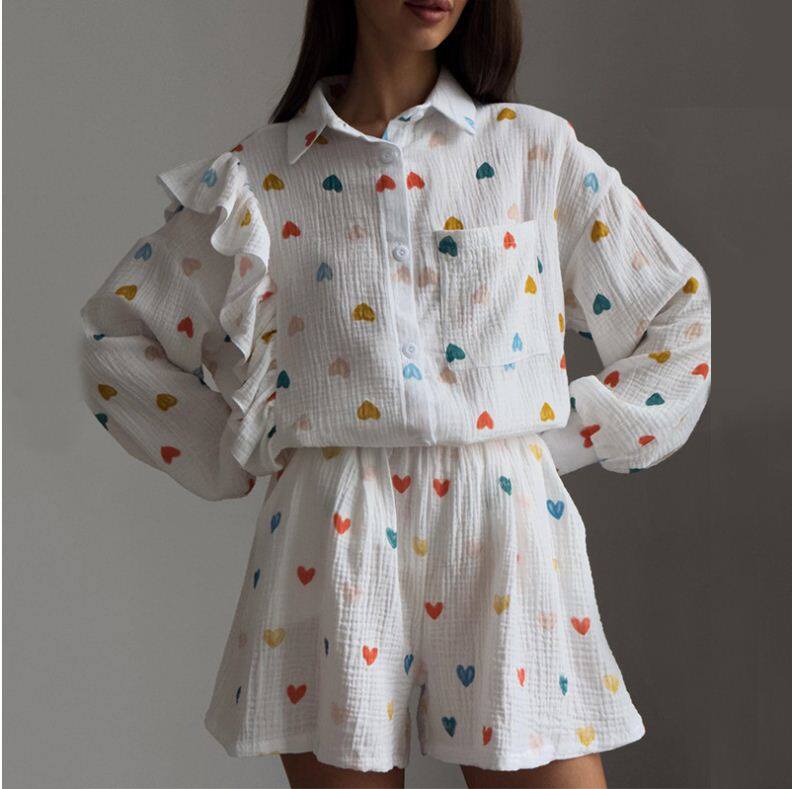Printed shirt shorts set 荷叶边爱心印花衬衫阔腿短裙休闲套装
