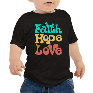Faith Hope Love复古印花小孩短袖T恤纯棉宽松5 6岁小孩上衣半袖