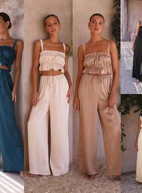 Summer one-line collar thigh-high pantsuit 一字领阔腿裤套装