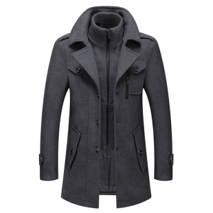 Men Woolen Overcoat Double Collar Casual Trench Coat Male
