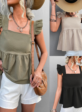 Summer solid color U-neck sleeveless top cropped T-shirt