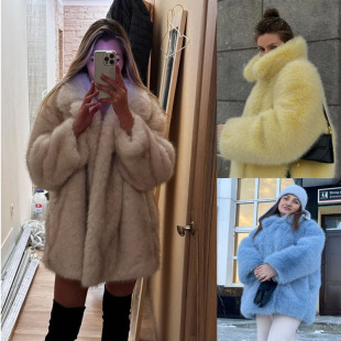新款跨境女秋冬保暖西装领仿狐狸毛皮草大衣中长版加厚外套Coat