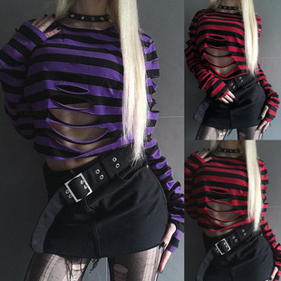 Personality Striped Long Sleeve Top Dark Street Trend Hole