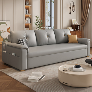 高端棉麻沙发床小户型多功能客厅书房真皮折叠伸缩两用一体沙发床