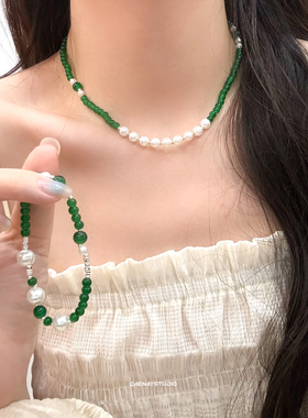 绿色串珠拼接珍珠夏季新款女生锁骨链个性百搭项链绿色手链套装