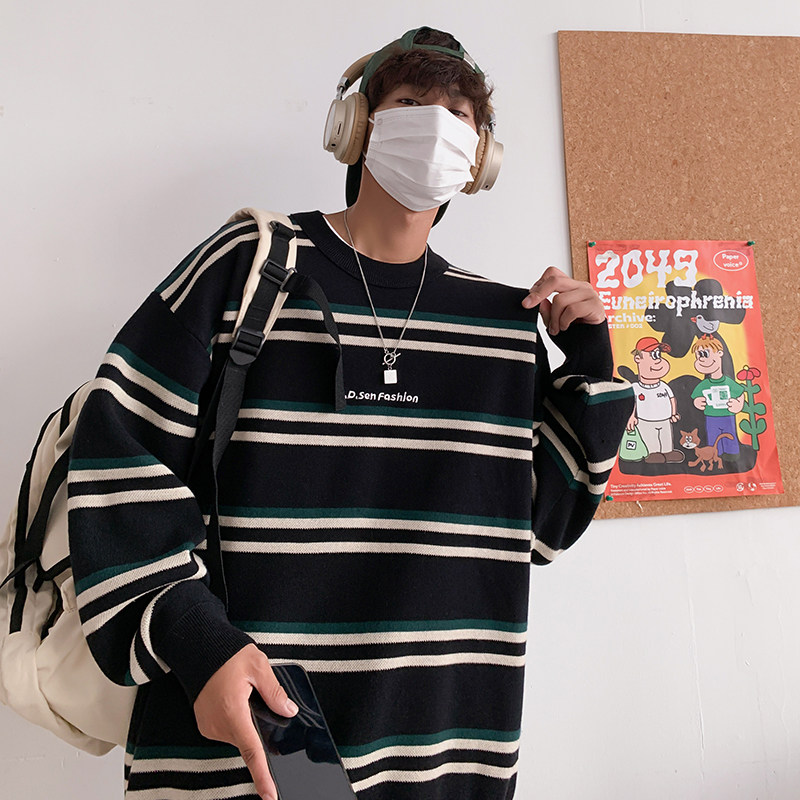 2025新款港风毛衣男宽松大码条纹圆领针织衫刺绣印花潮M0316-P75图片