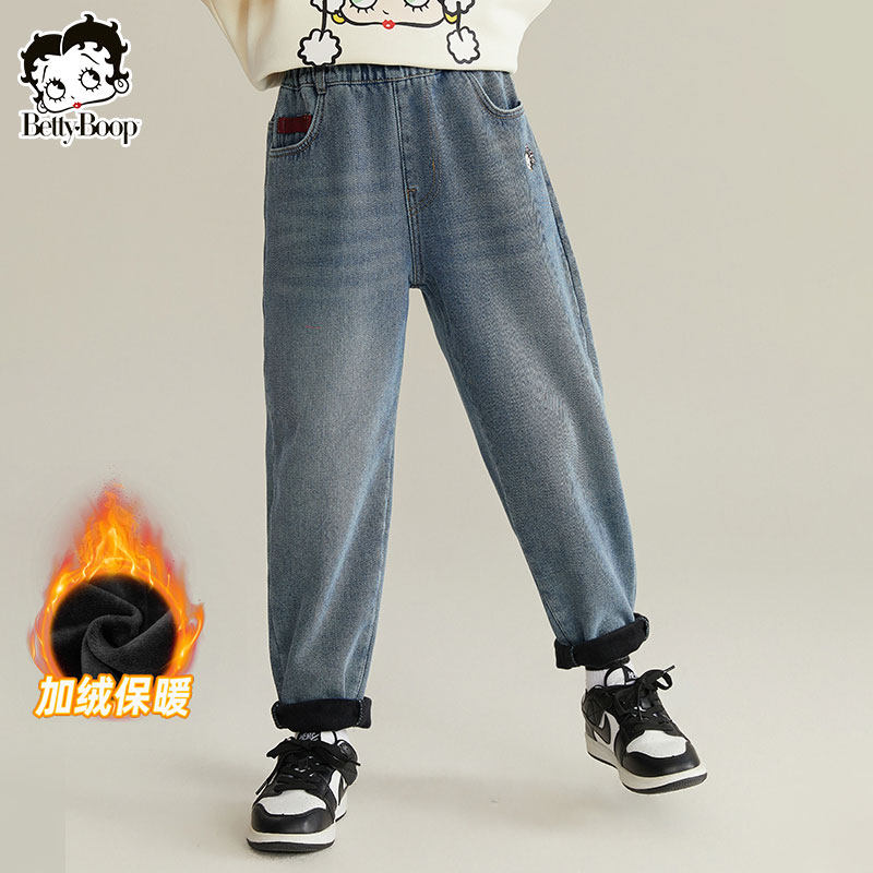 贝蒂童装女大童加绒韩版宽松束脚牛仔裤洋气裤子冬季女童冬款长裤