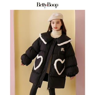 贝蒂女童黑色羽绒外套2025新款冬季韩版洋气加绒加厚中长款羽绒服