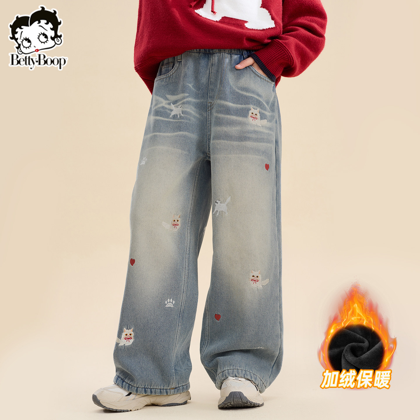 贝蒂秋冬女童加绒牛仔裤卡通裤子2026年冬季新款中大童休闲长裤