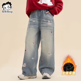 贝蒂秋冬女童加绒牛仔裤卡通裤子2026年冬季新款中大童休闲长裤