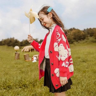 女童春款红色开衫毛衣2026年中大童洋气春季针织圣诞外套过年