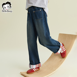 贝蒂女童时尚春季格纹阔腿牛仔裤2026年春款儿童中大童长裤子