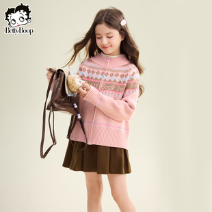 贝蒂童装女童秋冬拼色时髦开衫毛衣2026年冬季儿童大童洋气上衣