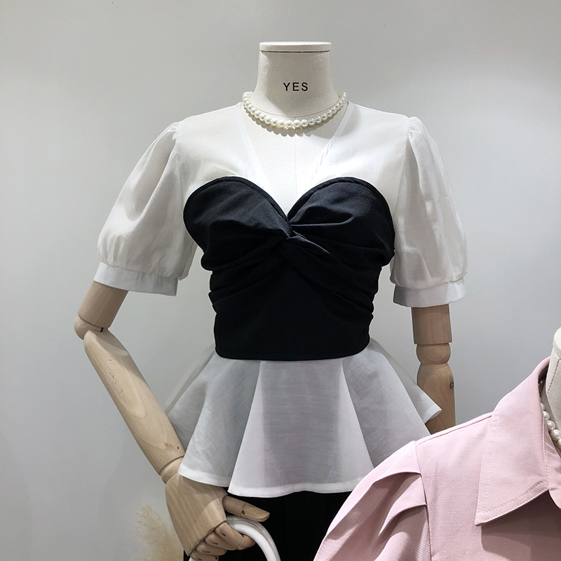 特价yes韩版甜美气质V领拼接设计感修身短袖高腰淑女套头衬衫上衣