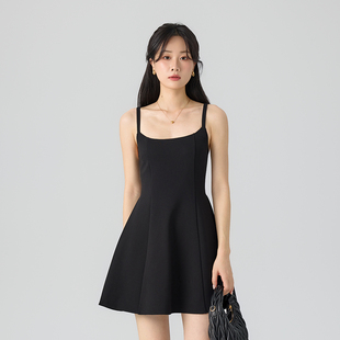 JOCO CHIC黑色法式复古吊带连衣裙夏新款修身显瘦a字露背短款裙子