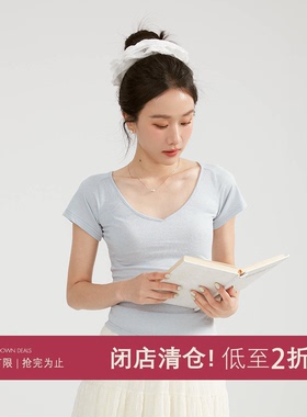 JOCO CHIC 蓝色V领正肩短袖T恤女夏修身显瘦简约休闲百搭短款上衣