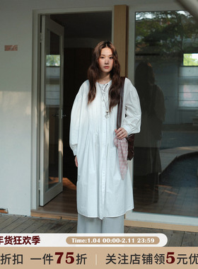 JOCO CHIC 米白色法式褶皱长袖连衣裙女秋季宽松灯笼袖中长款裙子