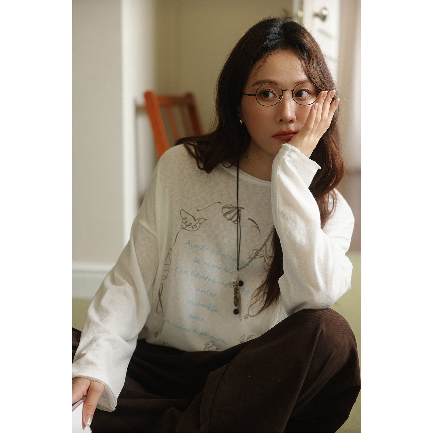 JOCOCHIC白色简约慵懒长袖T恤