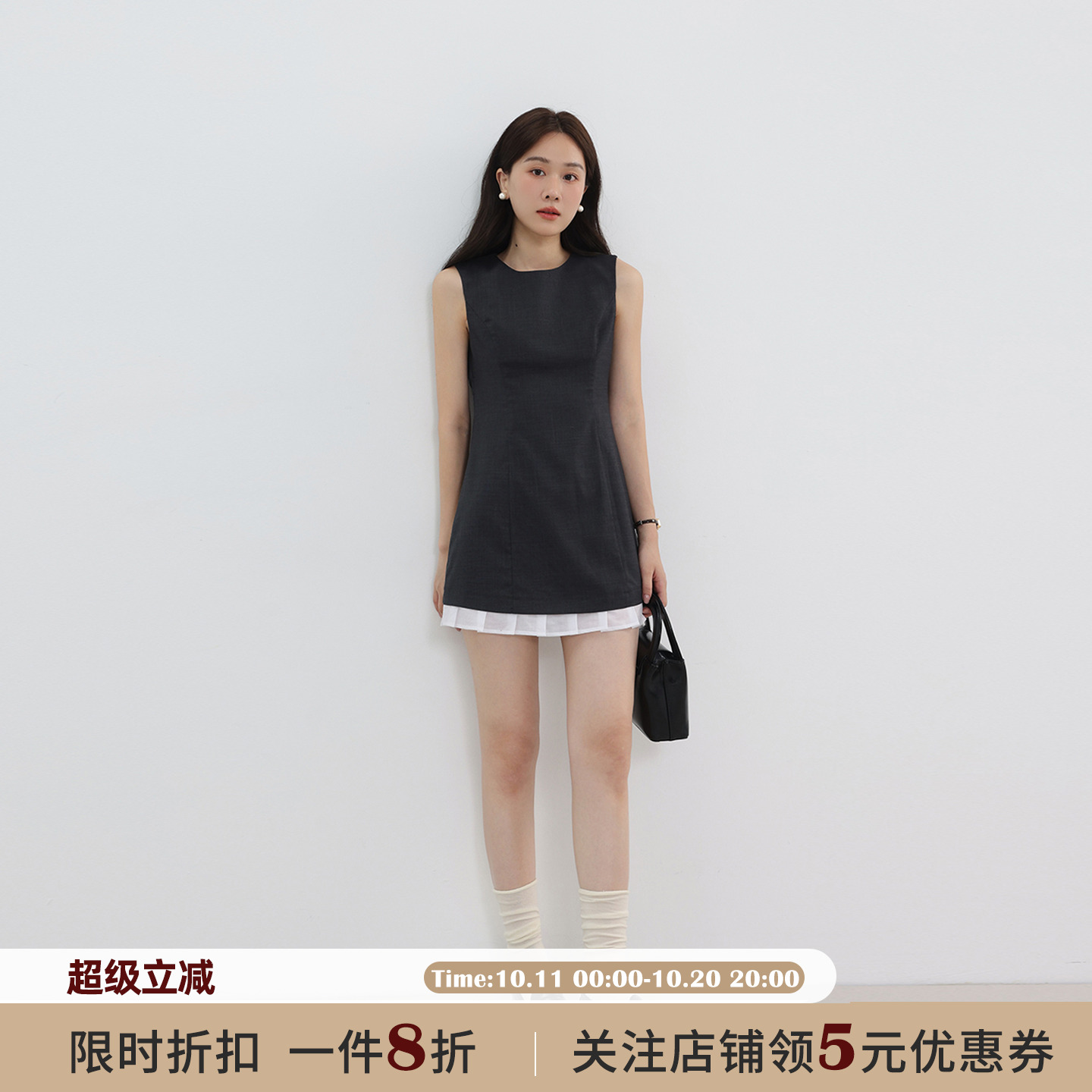 JOCO CHIC法式气质无袖收腰背心连衣裙女2025夏季显瘦a字短款裙子