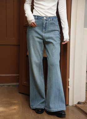 JOCO CHIC 蓝色复古微喇直筒高腰牛仔裤女2025冬宽松百搭阔腿长裤