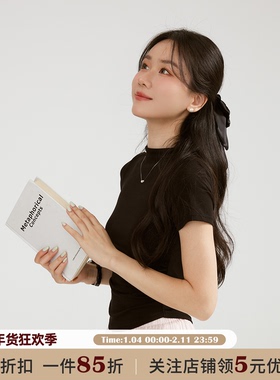 JOCO CHIC黑色弹力修身小立领正肩短袖T恤女夏季纯欲显瘦百搭上衣