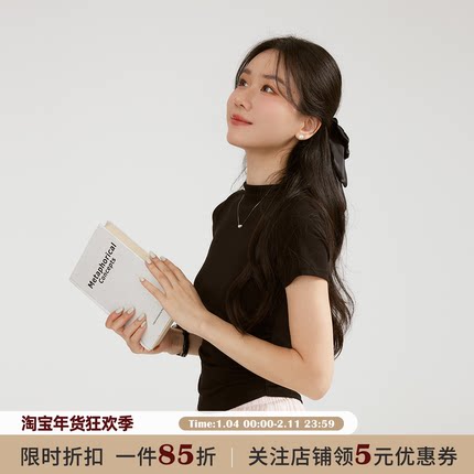 JOCO CHIC黑色弹力修身小立领正肩短袖T恤女夏季纯欲显瘦百搭上衣