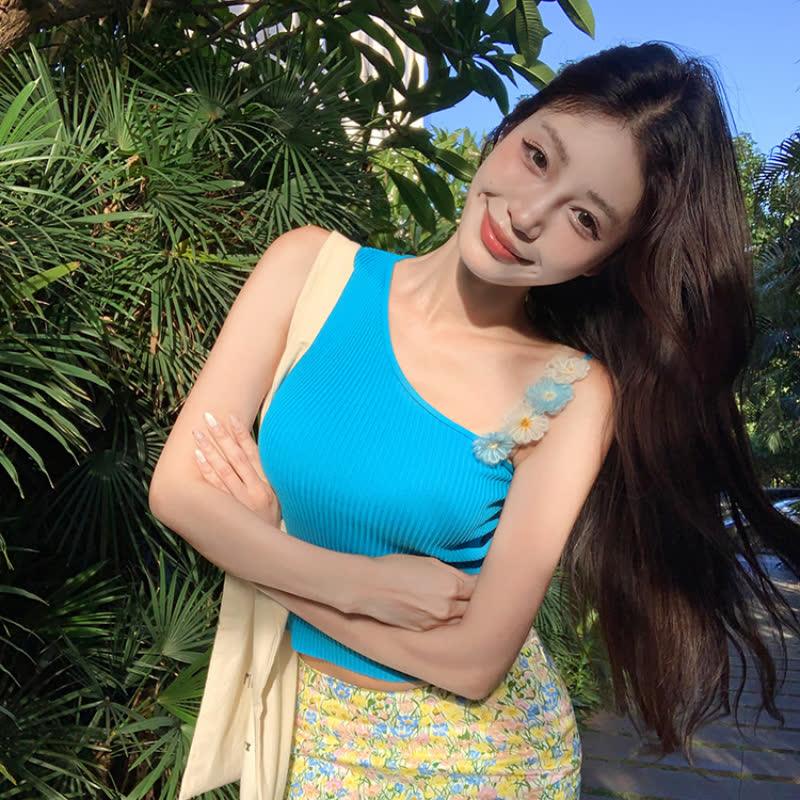 黄色花朵斜肩针织吊带小背心女夏季甜辣风紧身短款不规则上衣外穿