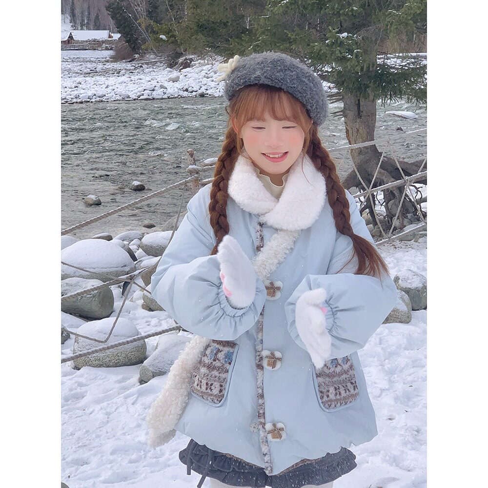 冬季甜美羊羔毛娃娃领加厚棉服