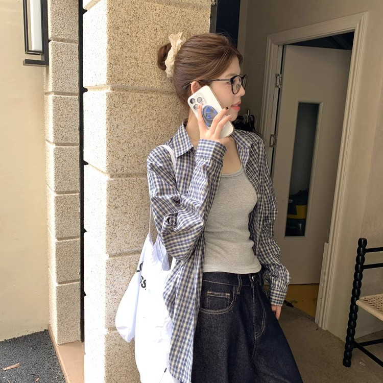 撞色复古格子长袖衬衫女春秋