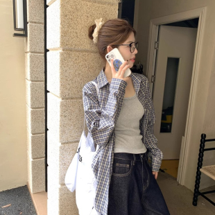 设计感小众宽松外套 女春秋学生新款 撞色复古格子撞色长袖 衬衫