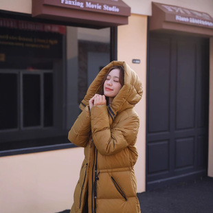 过膝女式 外套通勤风加厚 鹅绒服350克90%白鹅绒保暖连帽抽绳冬装