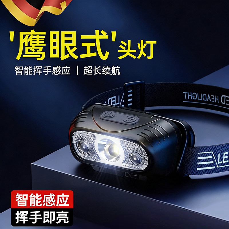 德国头灯2026新款强光超亮钓鱼专用超长续航100小时户外登山头戴